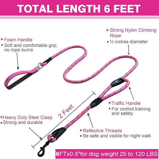 Dog Leash, 6 Foot Dog Leash, 2 Extra Padded Handles, Lockable Metal Carabiner Clip, Reflective No Pull Heavy Duty Rope Lead, Walking, Training, Running, Medium to Large Breeds(Pink)