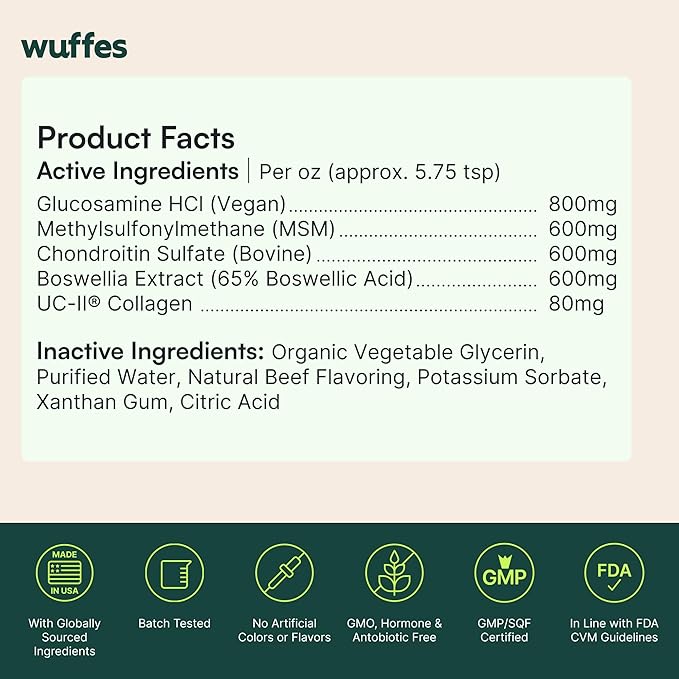Wuffes Advanced Joint Liquid for Dogs, Hip & Joint Support Supplement with Glucosamine, Chondroitin, UC-II® Collagen, and MSM, for Small & Large Breeds, 16 Oz