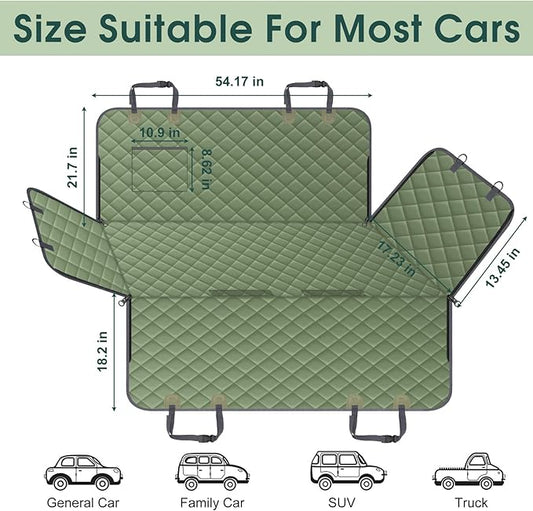 Waterproof Dog Car Seat Cover for Back Seat - Durable, Scratch Proof Pet Hammock with Nonslip Design & Storage Pockets, Fits Cars, SUVs, Trucks- S, Green