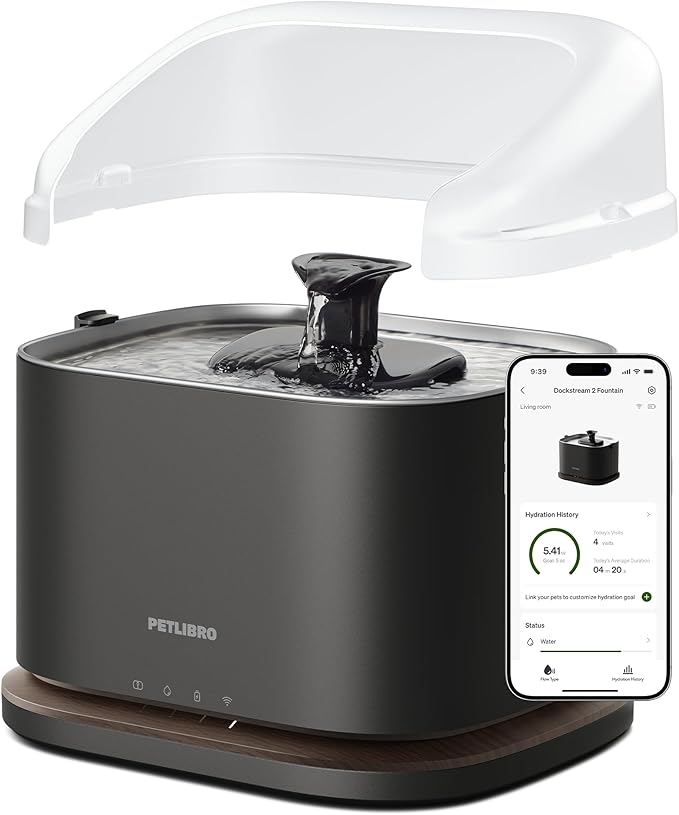 PETLIBRO Upgrade Cordless Cat Water Fountain + Splash Shield, Fountain Battery Operated, App Monitoring 3L/101oz with Stainless Steel Tray, 5GHz WiFi Dog Water Bowl Dispenser, Shiled Easy to Remove