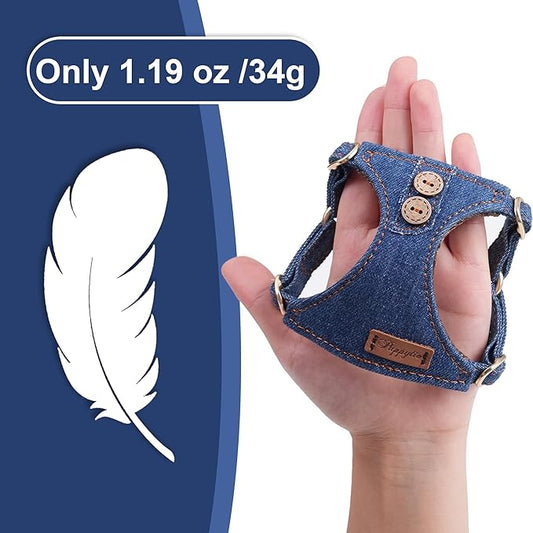 No Pull xs Dog Harness with Multifunction Dog Leash,Soft Adjustable No Choke Escape Proof Pet Harness Vest,Denim Blue,XXS