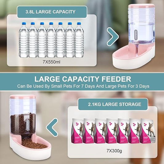 Meikuler Automatic Dog Cat Feeder and Water Dispenser Set,Waterer and Gravity Food Feeder for Small & Medium Dogs Cats Puppies,Large Capacity 1 Gallon x 2(Pink)