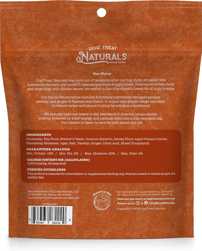 Dog Treat Naturals Dental Chew Sticks | Helps Clean Teeth and Easy to Digest Dog Treats | Dog Breath Freshener | Made with Chickpea & Ginger| Made in USA (20 Sticks)
