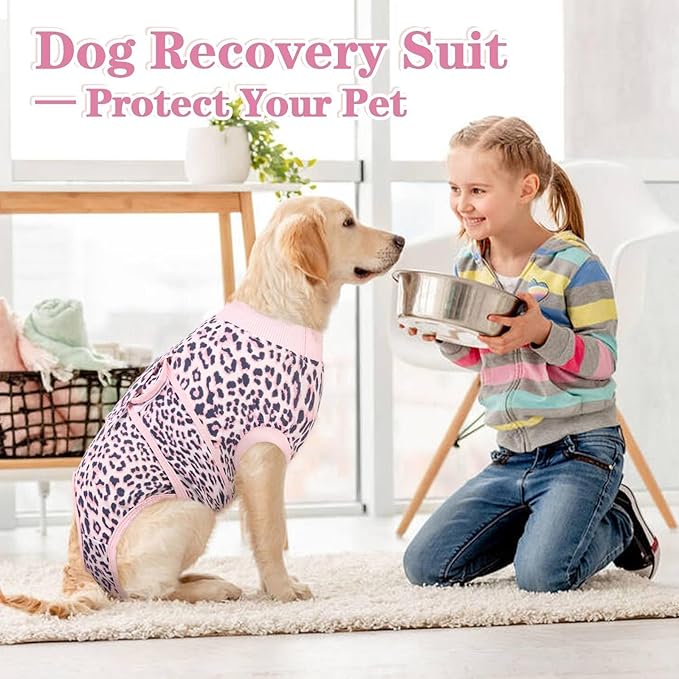Kuoser Dog Surgery Suit, Comfy Dog Recovery Suit Female Doggie Onesie for Surgery, Post-Op Onesie for Female & Male Dogs, Soft Protective Wear, PinkLeopard XL
