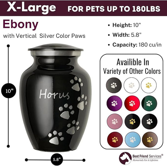 Pet Urn for Dogs and Cats with Personalized Laser Engraving, Ottillie Paws Premier Series Memorial Urns (X-Large Ebony with Vertical Pewter Paws)