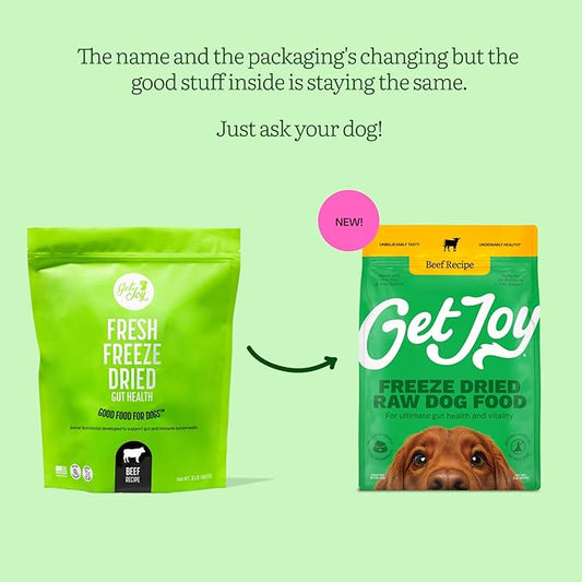 Get Joy Freeze Dried Raw Beef Meal, High Protein Grain Free, Dry Dog Food Meal Mixer and Topper, with Probiotics for Gut Health, Made with 100% USDA Organ Meat, for All Breeds and Ages, 32oz Bag