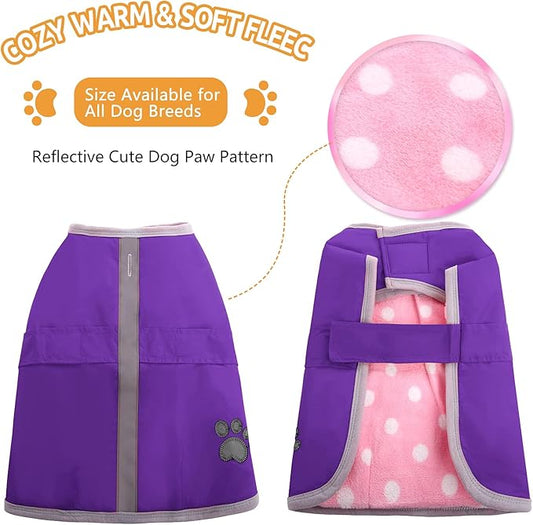 Queenmore Dog Winter Coat, Cold Weather Fleece Jacket for Dogs, Waterproof Reflective Reversible, for Small, Medium and Large Dogs (Purple, XS)