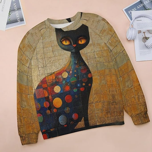 Biacolum Long Sleeve Shirts for Women Mid Century Retro Style Atomic Cat 3D Graphic Sweatshirts Fall Crewneck Pullover Top