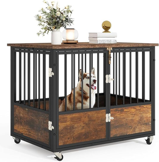 DWVO Dog Crate Furniture with Wheels, 38 Inch Dog Kennel Indoor Furniture End Table Dog Crate for Dogs, Farmhouse Decorative Wooden Dog Cage Table with Double-Doors, Chew-Resistant, Rustic Brown