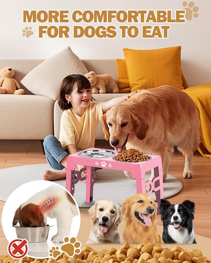 Elevated Dog Bowls, Dog Feeder with Stainless Steel Dishes & Slow Feeder Bowl, 5 Heights Adjustable Raised Stand for Medium Large, Food Dishes with Non-Slip Feet