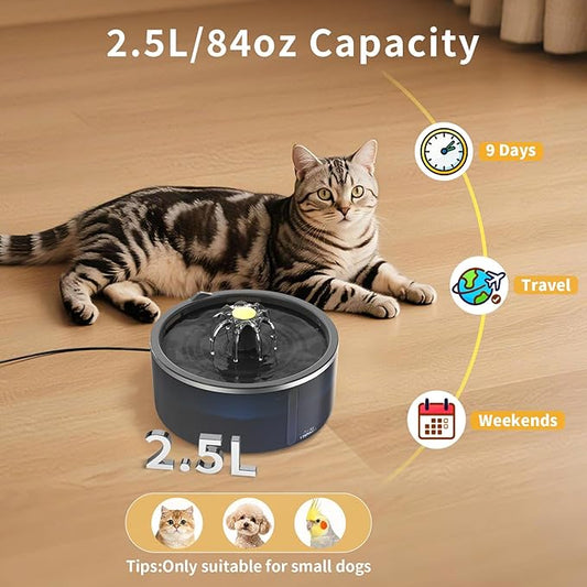 Cat Water Fountain with Dual Filtration System, 2.5L/84oz Pet Water Fountain for Cats Inside, Cat Fountain for Drinking with Ultra Quiet Pump(≤20dB)& LED Blue Light - for Pets Small Animals(8Filters)