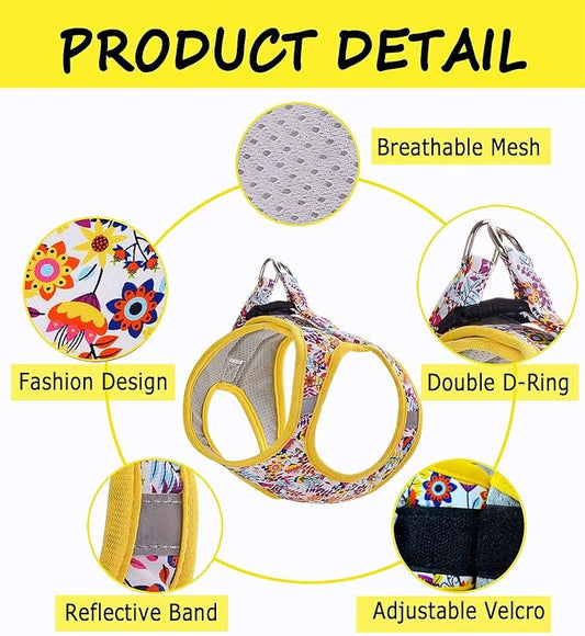 Moonpet Step in Dog Harness Leash Set- All Weather Reflective No-Pull Floral Pattern Padded Mesh Vest Harness for Cats Puppy Extra-Small Small Medium Large Dogs - White Flower - XL
