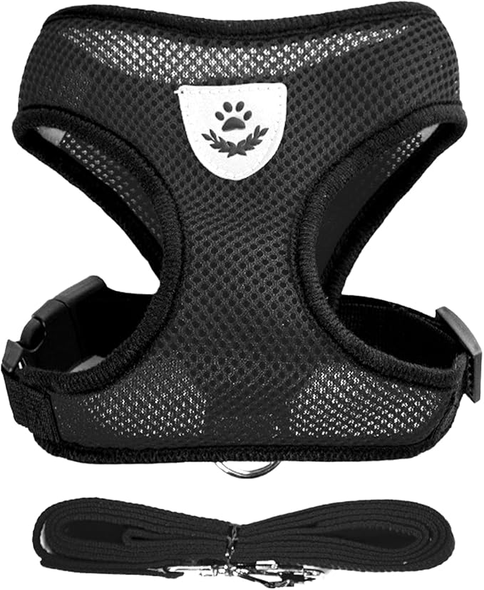 shudyear Summer cat Chest Harness and Leash, Anti-Escape Adjustable Soft mesh cat Leash and Chest Harness Set for All Types of Cats cat Vests (Size L,Black)
