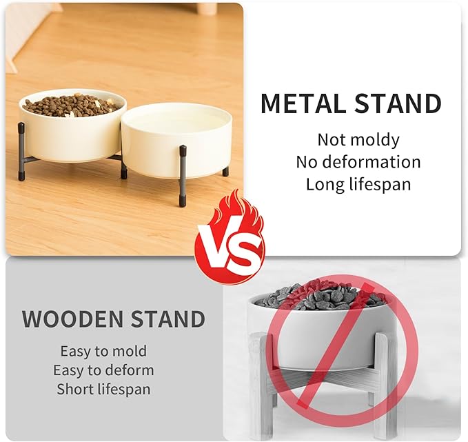 AOMRYOM 32 OZ Ceramic Dog Cat Bowl with Elevated Metal Stand, 6 Inch Ceramic Pet Dish for Food and Water, Pet Feeder Bowls for Cats & Dogs - Set of 2, Beige