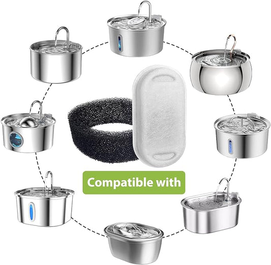 Cat Water Fountain Filters, 16 Pack Cat Fountain Filter Replacement for 67oz/2L & 108oz/3.2L Stainless Steel Pet Water Fountain, 8 Pack Pet Replacement Filters with 8 Sponges