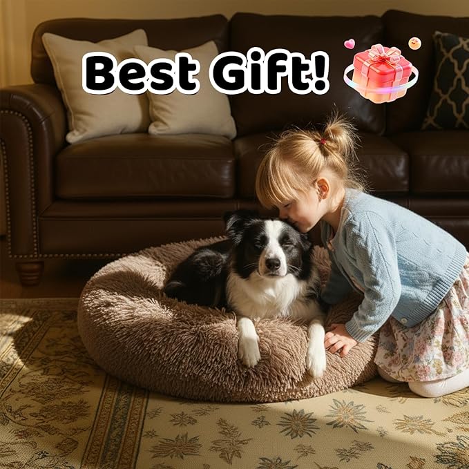DFQ Donut-Shaped Pet Bed for Medium Dogs, Round Calming Cuddler for Cats, Cozy Anti-Anxiety Sofa, Plush Fluffy Faux Fur Cushion-31''-Camel