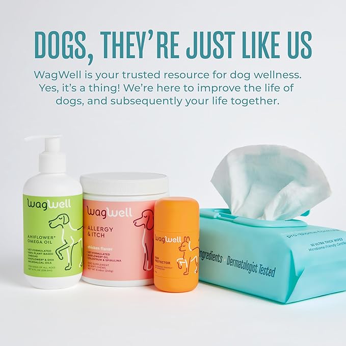 WagWell Daily Cleansing Dog Wipes – Vet-Approved, All Natural, Dermatologist Tested, Microbiome-Friendly – Head-to-Tail (Avoid Eye Area), Helps Reduce Odor – No Added Fragrance, 50 Count