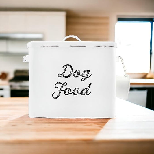 AuldHome Design Rustic Dog Food Canister, White Farmhouse Style Storage Bin for Small Dogs