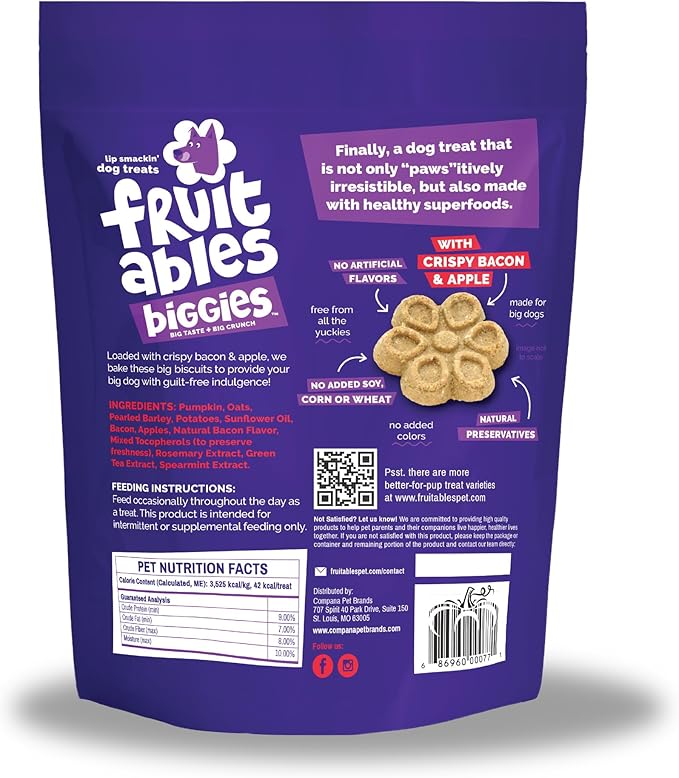 Fruitables Biggies Dog Biscuits, Healthy Treats for Dogs, Doggie Biscuits, Crunchy Pumpkin Treats, Free of Wheat, Corn and Soy, Made in The USA, Crispy Bacon & Apple Flavor, 16oz