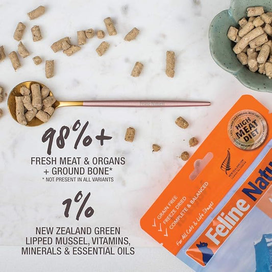 Feline Natural High Protein Dry Cat Food, Freeze-Dried Diet with 98% Meat, Organs & Seafood, No Peas, Grains, or Artificial Additives, Made in New Zealand, Chicken & Lamb, 11oz