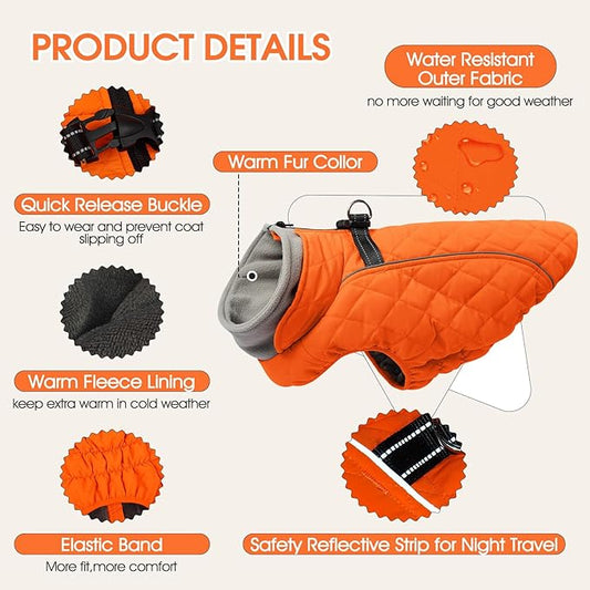 Dog Coat with Harness Built in -Orange,Medium- Fleece Lined Dog Snow Jacket Snowsuit,Adjustable Reflective Winter Warm Cold Weather Coat