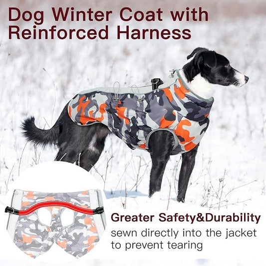 Dog Coat Dog Winter Jacket-3X Large, Warm Dog Coat Zip Up Snowsuit Dog Harness Vest Reflective Water-Resistant Dog Coat Dog Snow Jacket for Large Dogs Labrador, Huskyn, Orange-Camouflage
