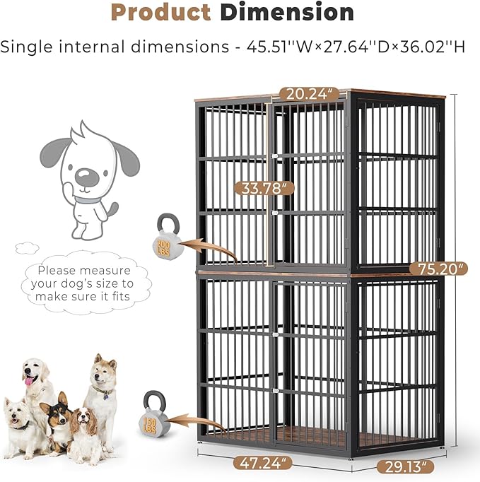Lyromix 48'' Stackable Dog Crate Furniture Large Breed with Double Rooms,Wooden Dog Crate Heavy Duty Dog Kennel Indoor with Removable Divider for Small to Medium Dogs, Can Use Separately