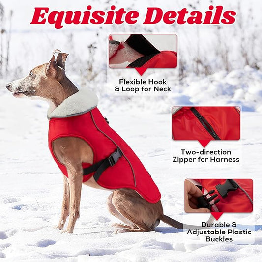EMUST Dog Coat for Winter, Cozy Winter Jackets for Small/Medium/Large Dogs, Solid Color Dog Apparel for Cold Weather with Fleece Lining, Red, XXXL