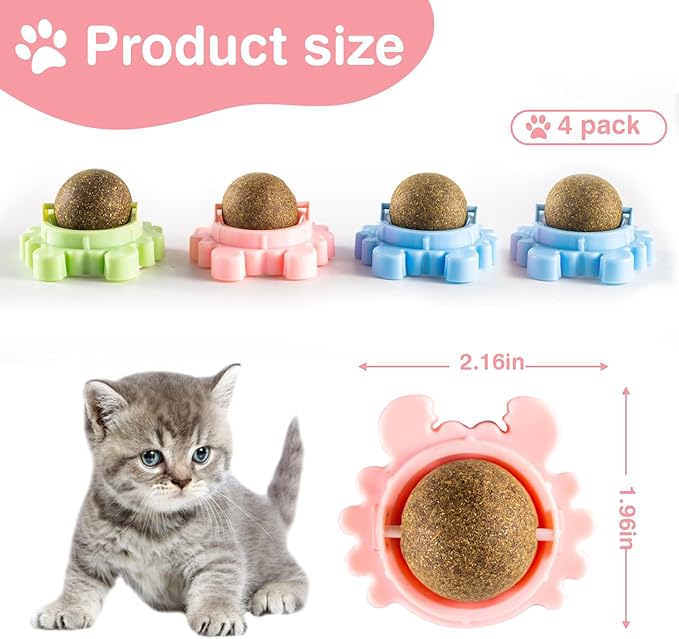 Thorixzen Catnip Ball 360° Balls for Cats Catnip Balls Interactive Toys Wall Catnip Toy Cat Nip Anxiety Relief Indoor Edible Rotatable Play Chew Teeth Cleaning Cat Nips Organic Ball 4 Pack