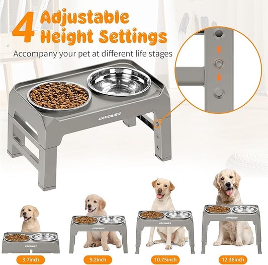 URPOWER 4 Height Adjustable Elevated Dog Bowls - 50oz Large Capacity Stainless Steel Bowls, No-Spill Edge, Non-Slip Stand for Small, Medium, Large Dogs & Pets