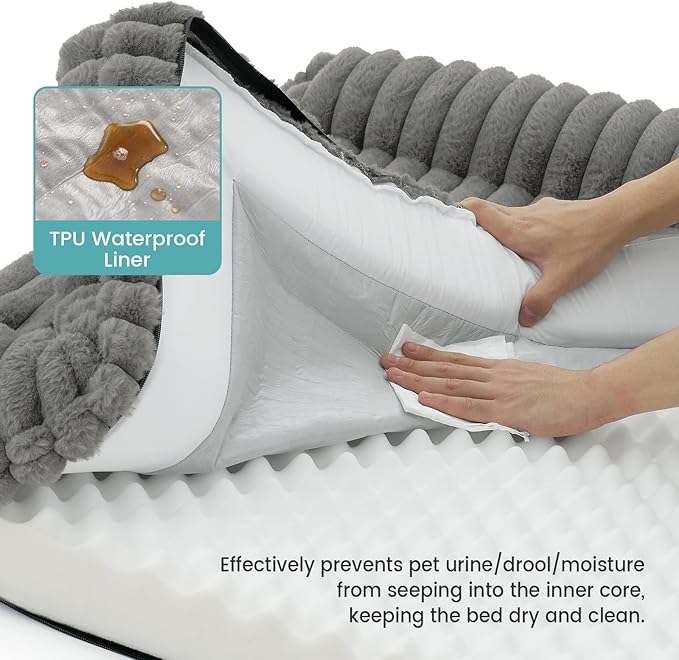Cute Dog Bed for Medium Dogs, Faux Fur Orthopedic Foam Dog Bed with Sides, Removable Washable Cover & Waterproof Lining, Comfortable Pet Couch, Grey (36" L x 27" W x 6.5" Th)