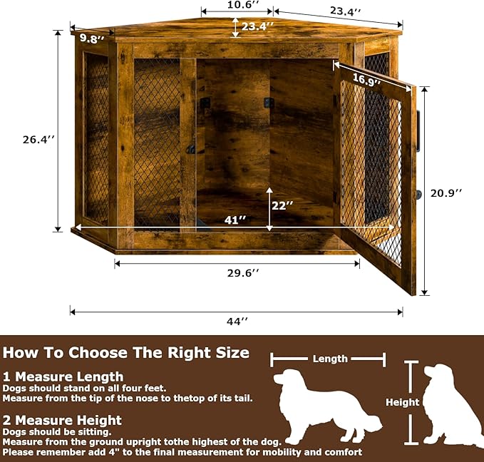 Corner Dog Crate Furniture, 44" Wooden Dog Kennel Furniture End Table with Mesh, Dog Kennel Indoor Furniture for Small Medium Dogs, Modern Decorative Wood Pet House Dog Cage Crate, Brown