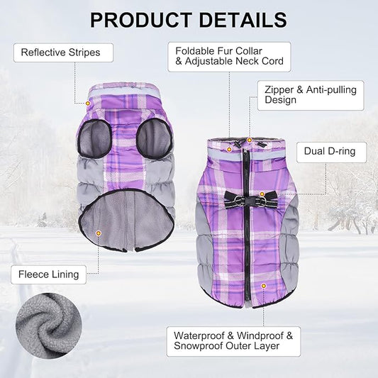 BEAUTYZOO Dog Winter Coat with Harness Built in, Reflective Plaid Puffer Vest Waterproof for Small Dogs, Fleece Warm Puppy Zipped Jacket with D Ring, Pet Cold Weather Sweater Clothes, Purple S