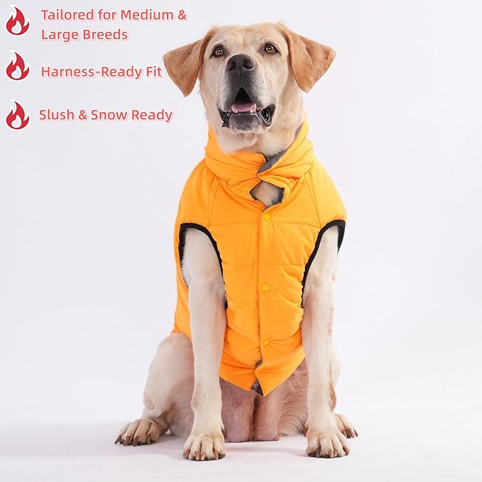LovinPet Reversible Dog Puffer Coat for Medium & Large Dogs, Down‑Insulated Winter Jacket, Water‑Resistant & Wind‑Resistant, Anti‑Static, Dual-Sided Orange & Grey for Cold Weather,2XL