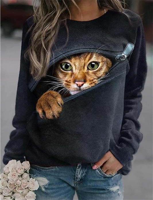IVERIRMIN Women's 3D Cute Cat Print Sweatshirt Casual Long Sleeve Crewneck Cute Cat Pullover Loose Fit Shirts