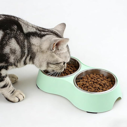Small Green Double Pet Bowl – Non-Slip Stainless Steel Food & Water Set for Cats, Kittens & Small Dogs, BPA-Free Mess-Free Feeding Dishes