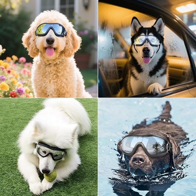 PETLESO Dog Goggles Sunglasses for Large Breeds - 2PCS Black & Clear UV Protection Set, Windproof Eye Wear for Medium to Large Dogs, Ideal for Riding/Driving/Hiking