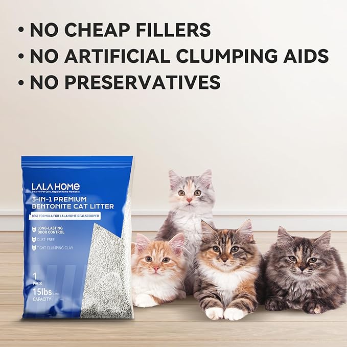 LALAHOME Premium Bentonite Cat Litter Sodium-Based, Clumping Cat Litter, Dust-Free, Strong Durability, Odor Control, Unscented Natural Mineral Formula Kitty Litter Bluk for RealScooper, 3 x 15 lb. Box