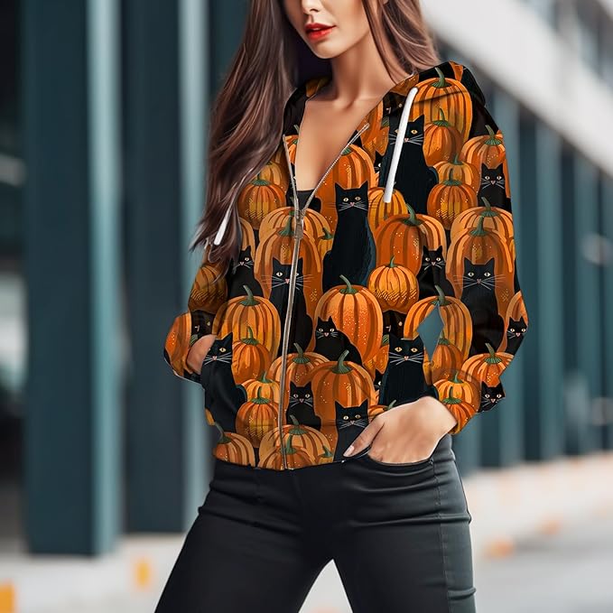 Women's Zip Front Plaid Sweatshirts Print Hoodie Fall Jackets Long Sleeve Casual Drawstring Clothes