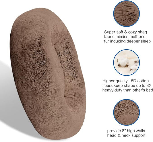 SAVFOX Plush Calming Dog Beds, Donut Dog Bed for Small Dogs, Medium, Large, X-Large & XX-Large, Comfy Cuddler Dog Bed and Cat Bed in Faux Fur, Washable Dog Bed, Multiple Sizes S-XXL