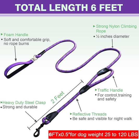 Dog Leash, 6 Foot Dog Leash, 2 Extra Padded Handles, Lockable Metal Carabiner Clip, Reflective No Pull Heavy Duty Rope Lead, Walking, Training, Running, Medium to Large Breeds(Purple)