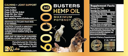 Buster's Organic Hemp Oil Large 60 Milliliters 2Pack 4Month Supply for Dogs Cats, Made in USA Omega Rich 3 6 and 9 Hip and Joint Health, Natural Relief, Calming