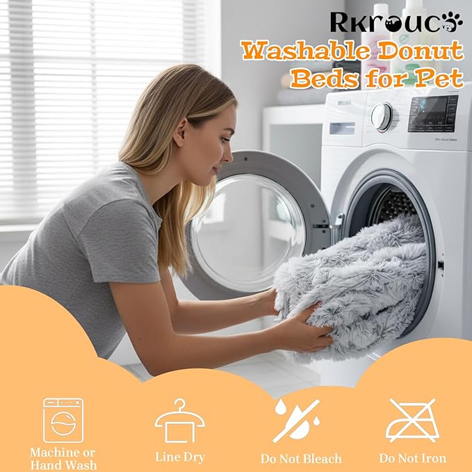 Fluffy Dog Bed Calming Donut Beds for Large Dogs Warming Round Small Medium Pet Nest Cozy Cat Mattress Indoor Washable Puppy Kennel Kittens Sleep Mat (L, 35.4×35.4 inch, Light Gray)