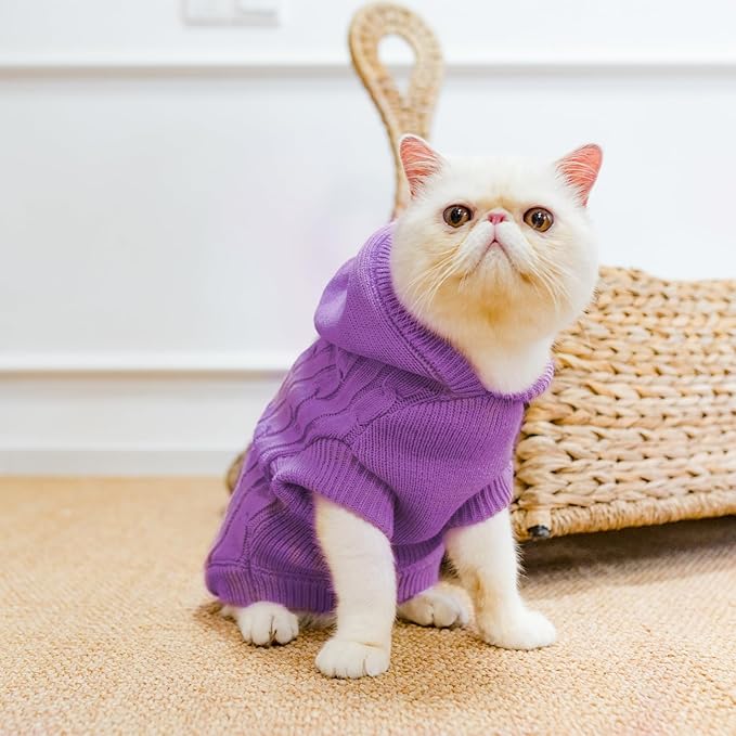 PUPTECK Winter Dog Cat Sweater Coat - Soft Cold Weather Clothes Knitwear for Kitties & Small Dogs Indoor Outdoor Walking Warm, Knitted Classic for Doggies Kitties Girls Boys, Purple L