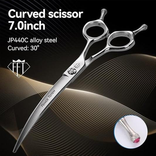 Dog Grooming Scissors: Professional Grooming Scissors for Pet High Precision CNC-Cut Blades, Silver (Curved, 7")