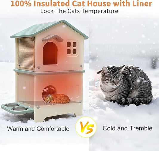 Rockever Outdoor Cat House with Insulated Liner, 100% Insulated Cat Houses for Winter Outside, 2 Story Waterproof Cat House For Outdoor Cats, Sturdy Stainless Steel Bowl & Scratching Post,Clean Easily