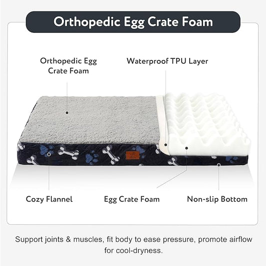 Waterproof Orthopedic Dog Bed for Large Medium Sized Dogs 35x22 Inch - Egg Crate Foam Pet Crate Bed with Removable Washable Cover, Plush Top Anti-Slip Bed Mat, Navy