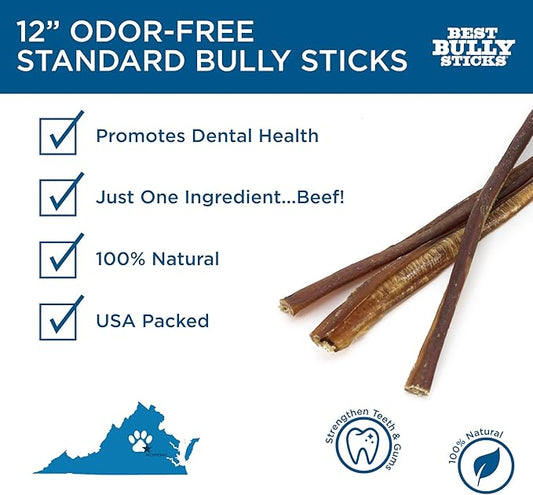 Best Bully Sticks 12 Inch Odor-Free Bully Sticks for Dogs - 12 Count (Pack of 1) - Natural Grass-Fed Beef, Easily Digestible, No Grain or Rawhide - Large Breeds