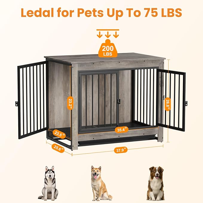 Dog Crate Furniture, 38 Inch Indoor Dog Kennel for Medium Dogs Up to 50 LBS, Heavy Duty Wooden Pet Cage End Table with 3 Doors, Alloy Steel Frame & Removable Tray