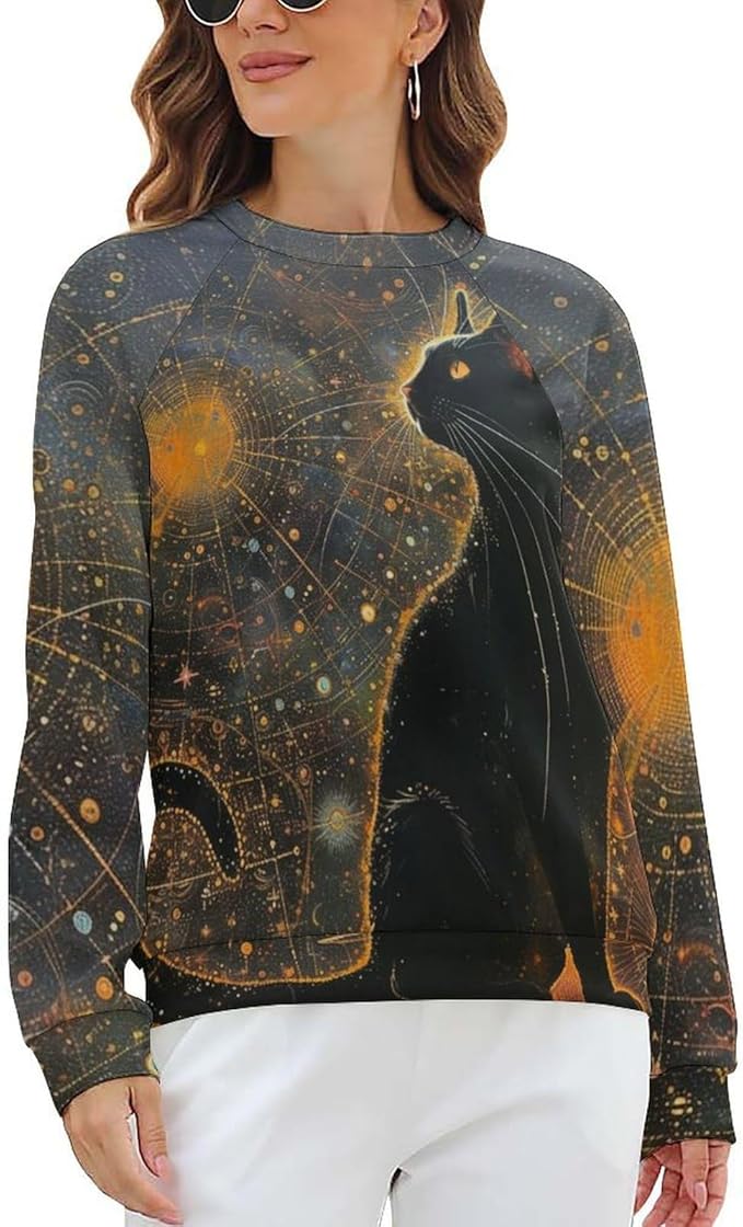 Biacolum Long Sleeve Shirts for Women Mid Century Retro Style Atomic Cat 3D Graphic Sweatshirts Fall Crewneck Pullover Top